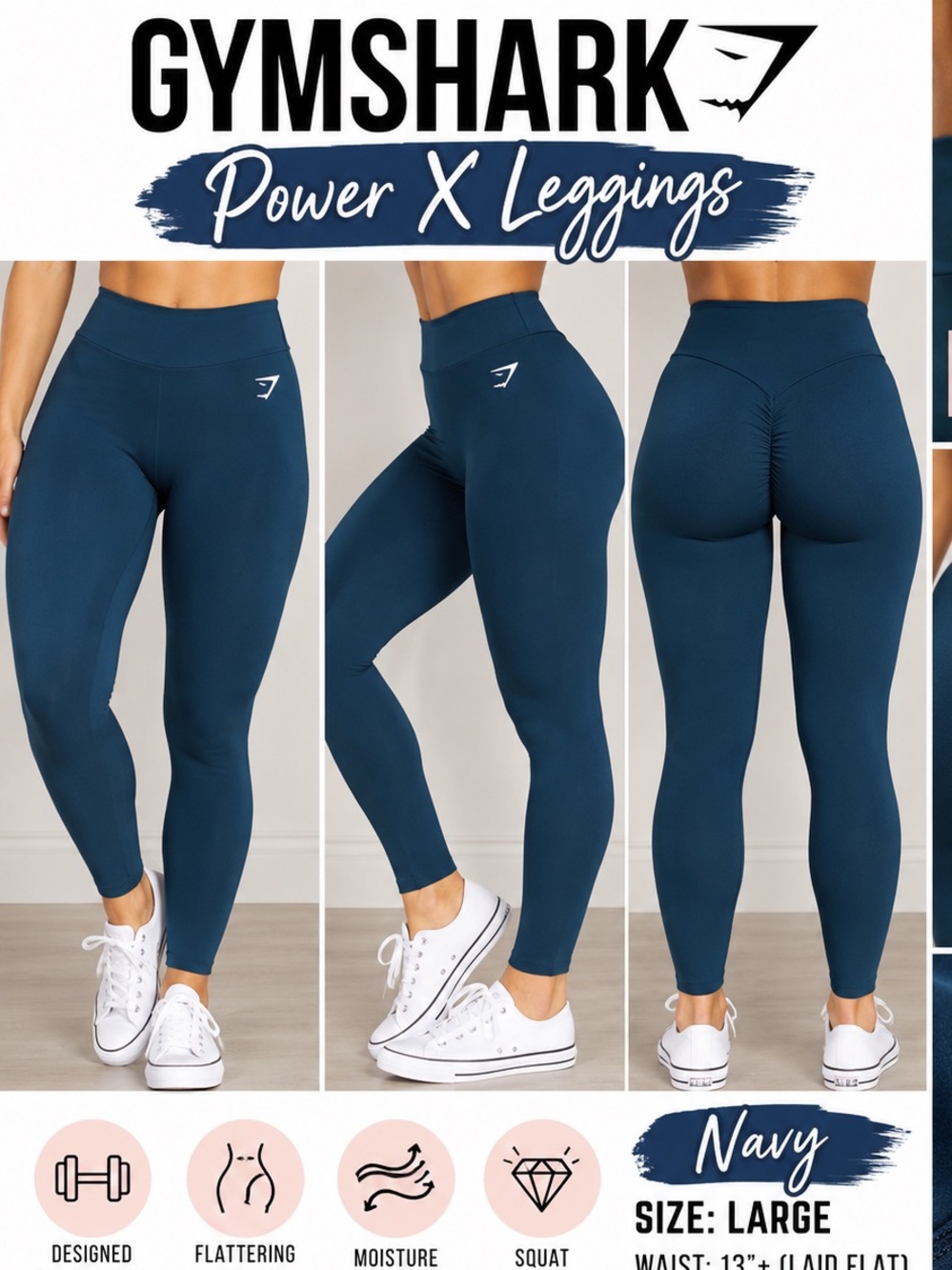 (#H) Gymshark Power X Leggings Navy High Rise Bum Scrunch Large